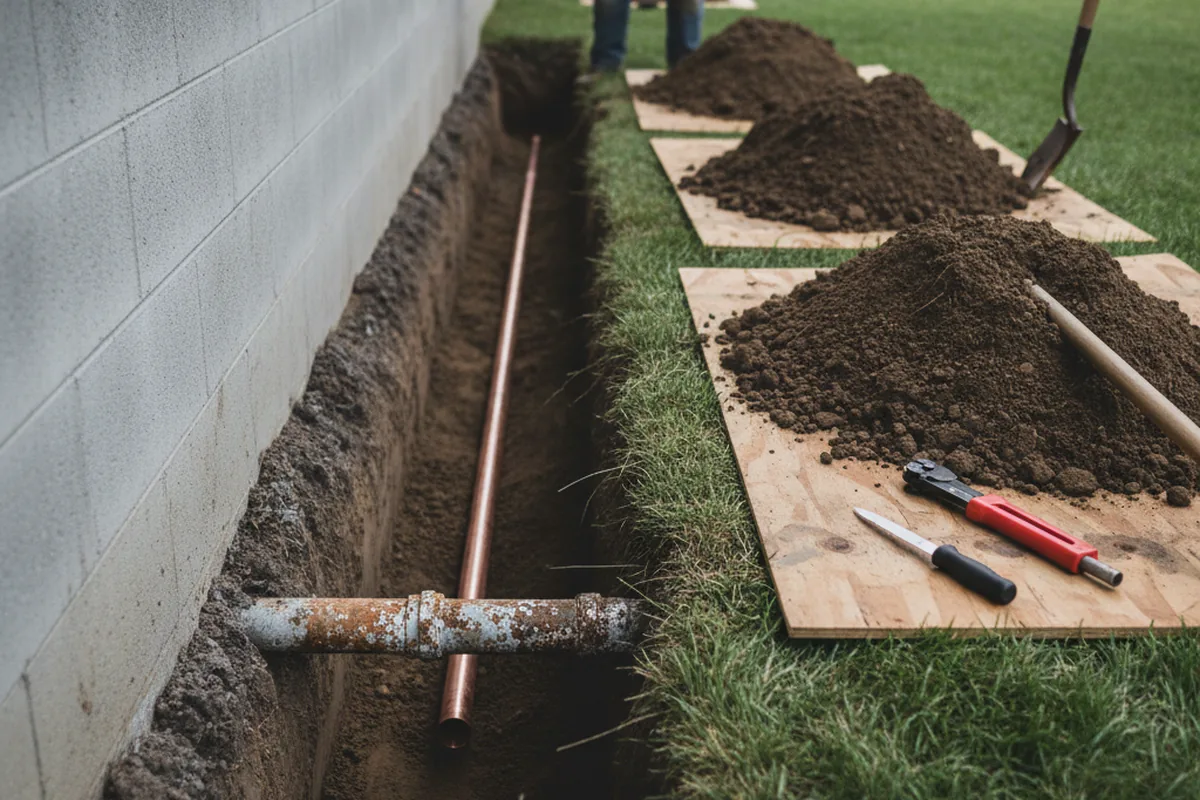 Excavated water line trench during Sewer Line Repair in Junction City